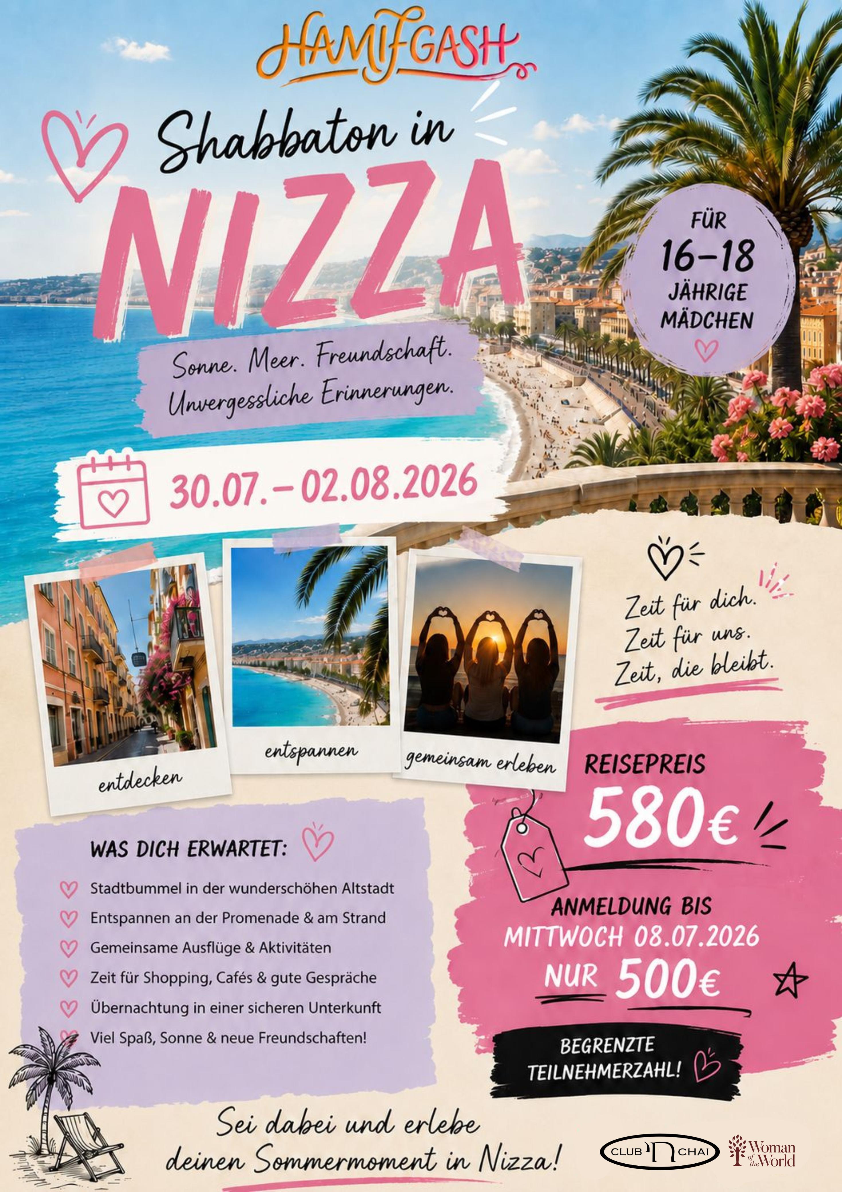 Flyer: Shabbaton in Nizza, 30. Juli bis 2. August 2026, für 16–18-jährige Mädchen, Reisepreis 580 Euro